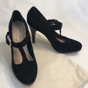 Franco Sarto Black Suede T-Strap Pumps